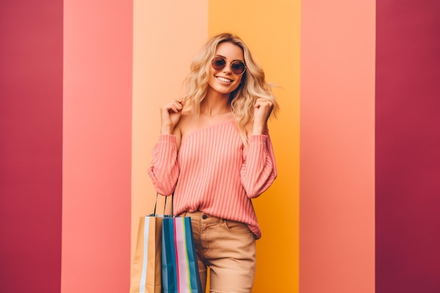 Chica elegante y hermosa sosteniendo muchas bolsas de compras en un fondo de lujo creativo El concepto de compras en línea pedidos entrega de bienes promociones ventas IA generativa