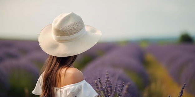 Foto chica elegante con un sombrero blanco en un campo de lavanda