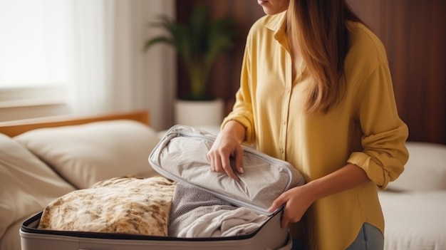 Chica empacando maleta en casa Concepto de viaje