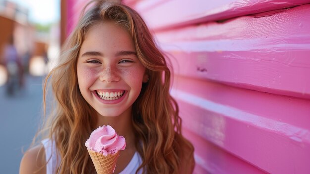 Una chica encantada con una cuchara de helado su sonrisa contagiosa iluminando el marco