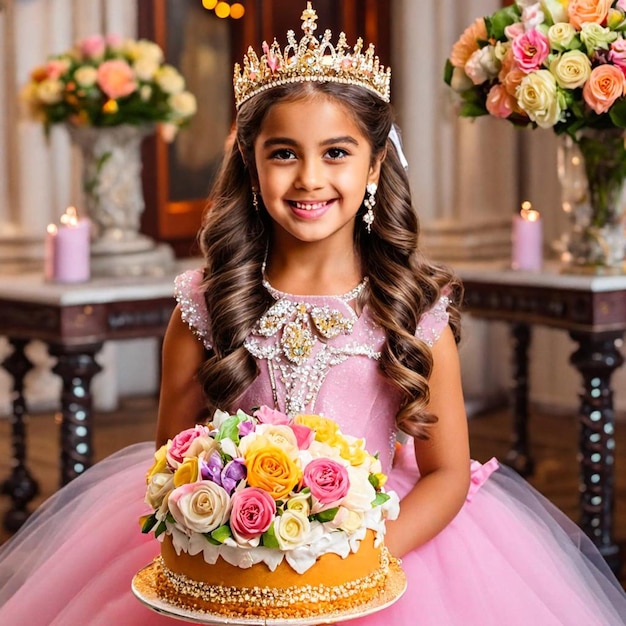 Foto una chica encantada con un vestido de princesa y una corona celebrando su quinceanera con un pastel y un