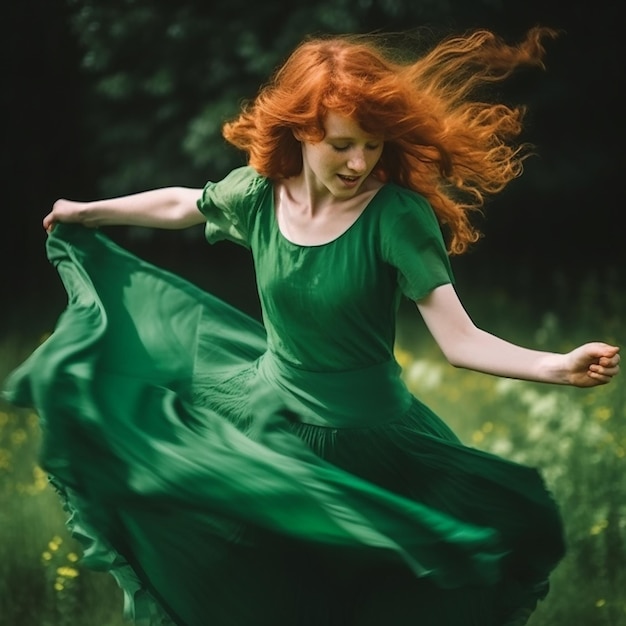 Una chica encantadora con el pelo rojo largo en un hermoso vestido verde largo baila y gira el vestido flota