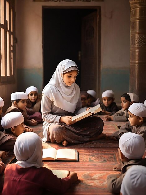 Foto una chica está enseñando a los niños en una madrasa