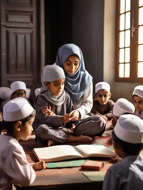 Foto una chica está enseñando a los niños en una madrasa