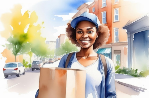 chica de entrega negra sonriendo sosteniendo un paquete y caminando por la calle de la ciudad ilustración de acuarela