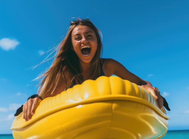 Una chica entusiasta monta un bote banana inflable en el mar