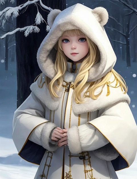 La chica es rubia, piel blanca como la nieve con oso.