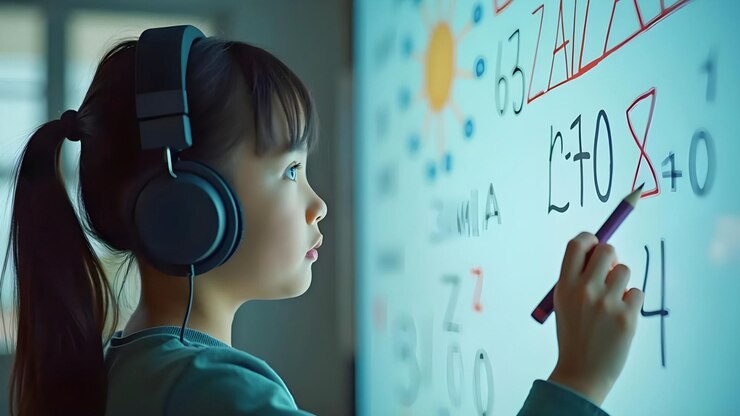 una chica escribiendo en la pizarra y usando auriculares