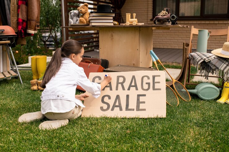 Foto chica escribiendo venta de garaje en banner