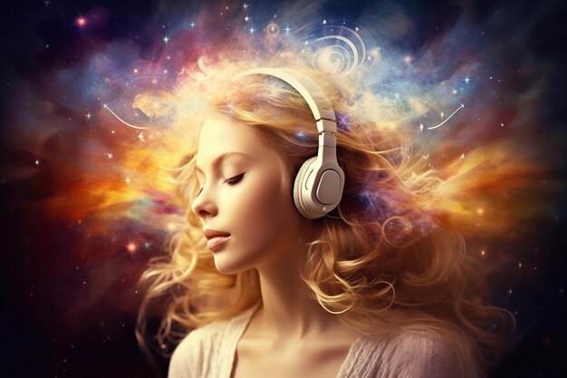 Foto una chica escucha música con auriculares en el espacio