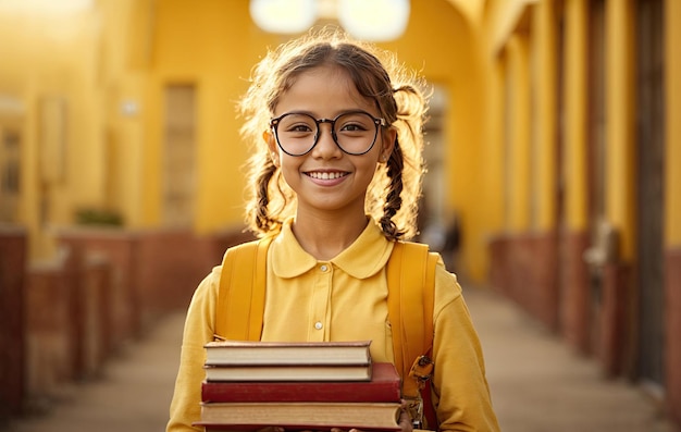 chica de escuela con gafas sostiene libros ai generativo