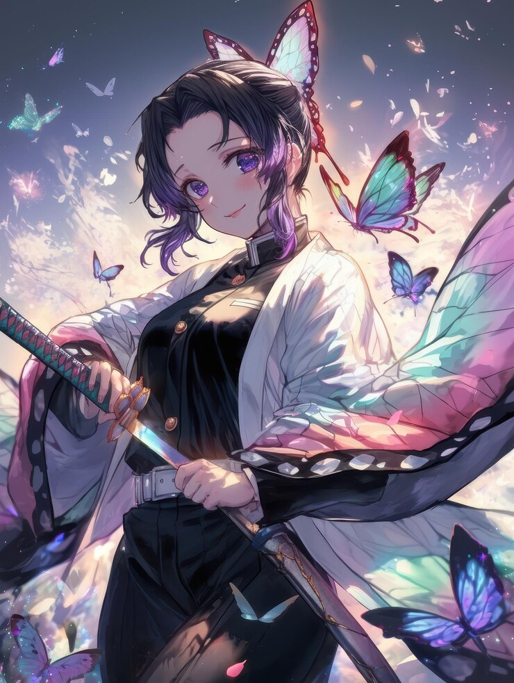 una chica con una espada y mariposas en el pecho