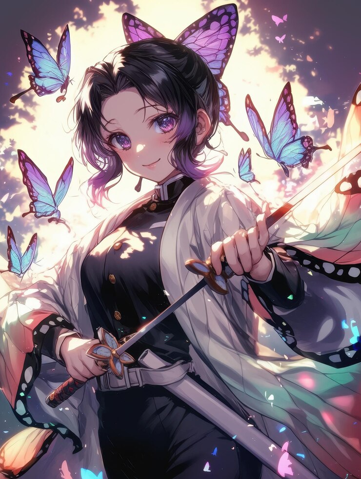 una chica con una espada y mariposas en su camisa