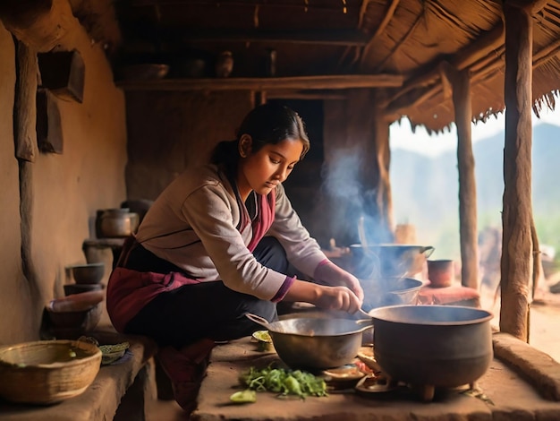Una chica está cocinando en una pequeña cabaña.