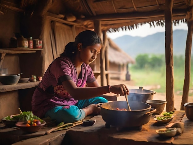 Una chica está cocinando en una pequeña cabaña.