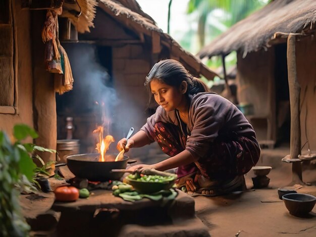 Una chica está cocinando en una pequeña cabaña.