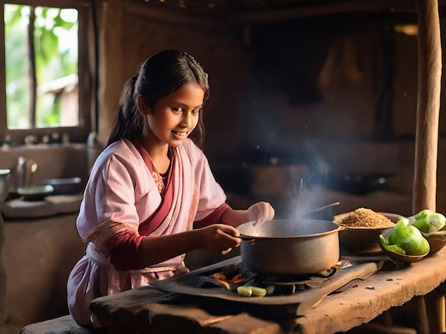 Una chica está cocinando en una pequeña cabaña.