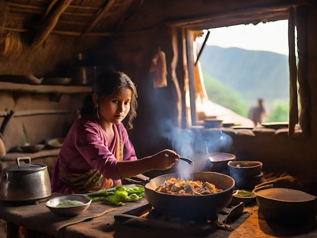 Una chica está cocinando en una pequeña cabaña.