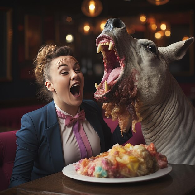 la chica está comiendo pastel y divirtiéndose con su unicornio