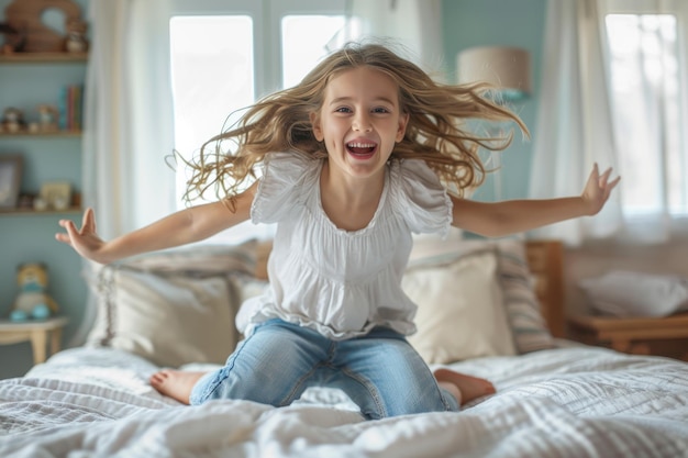 La chica se está divirtiendo y saltando en la cama en casa feliz infancia despreocupada