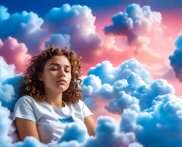 una chica está durmiendo en las nubes con los ojos cerrados