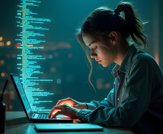 una chica está escribiendo en una computadora portátil con el código de la palabra en la pantalla