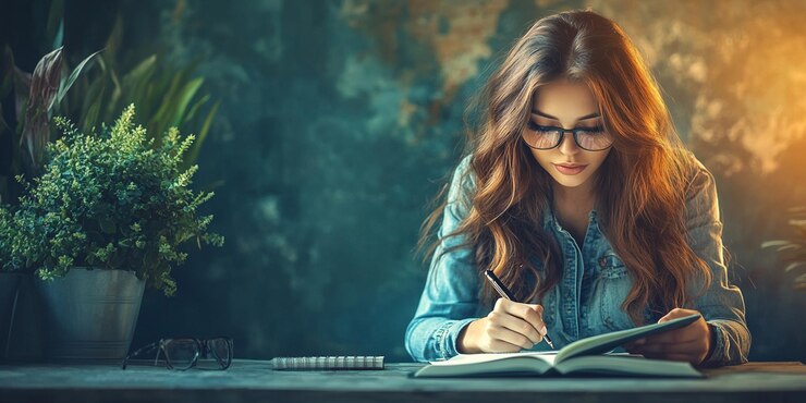 una chica está estudiando en un café y está estudiando