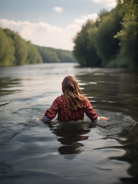 Una chica está flotando en el río.