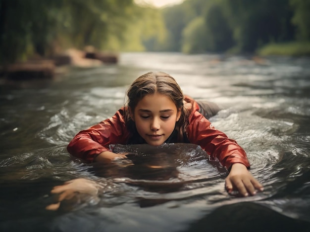 Una chica está flotando en el río.