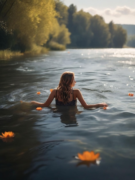 Una chica está flotando en el río.