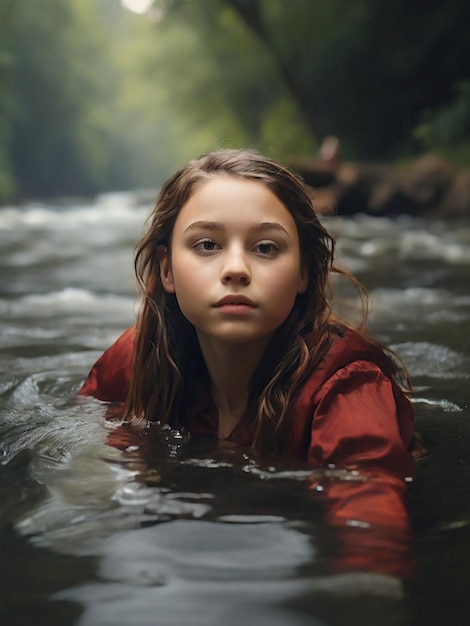 Una chica está flotando en el río.