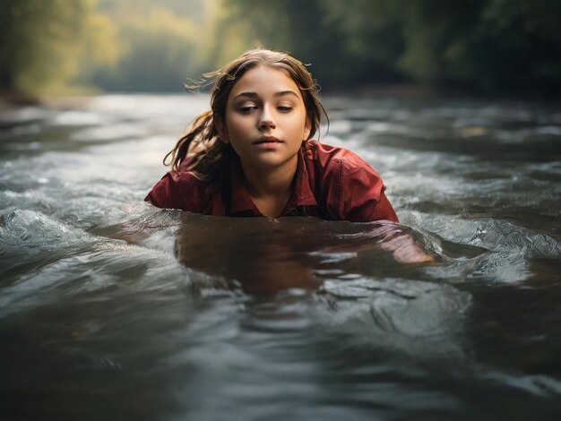 Una chica está flotando en el río.