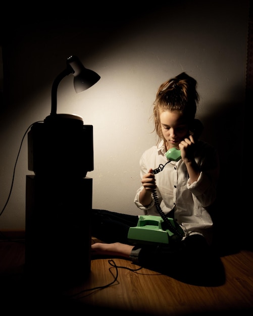 La chica está hablando por un teléfono antiguo. Retro.