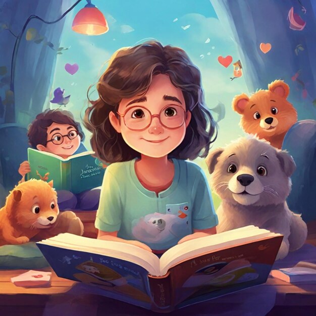 una chica está leyendo un libro con un libro titulado "Los osos de peluche"