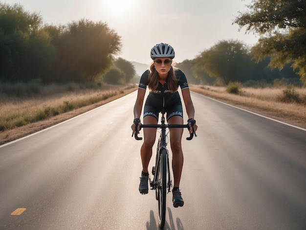 Una chica está montando una bicicleta en la carretera por la tarde