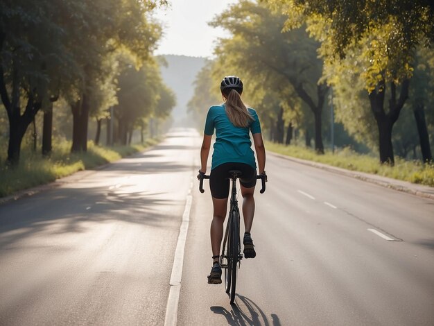 Una chica está montando una bicicleta en la carretera por la tarde