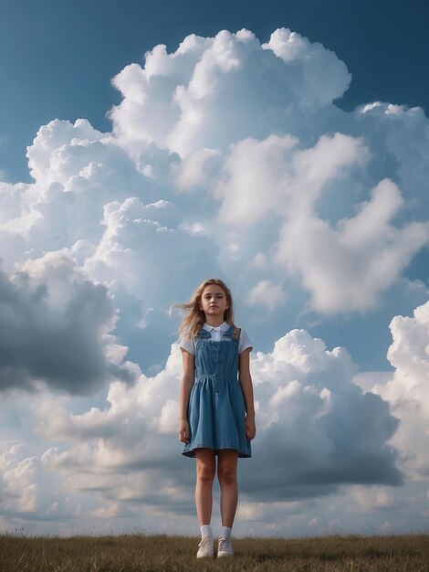 Una chica está con las nubes a su alrededor