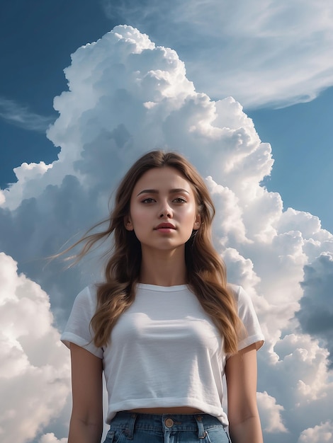 Una chica está con las nubes a su alrededor