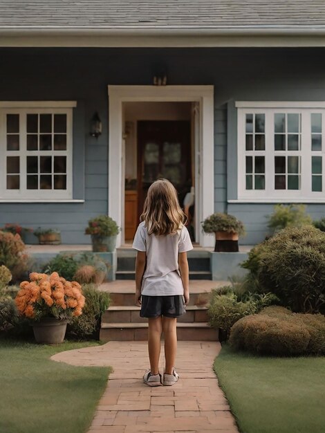 Una chica está de pie frente a la casa.