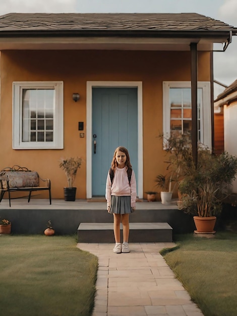 Una chica está de pie frente a la casa.