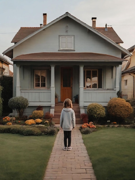 Una chica está de pie frente a la casa.