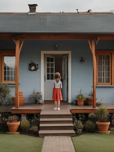 Una chica está de pie frente a la casa.