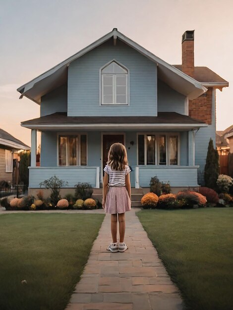 Una chica está de pie frente a la casa.