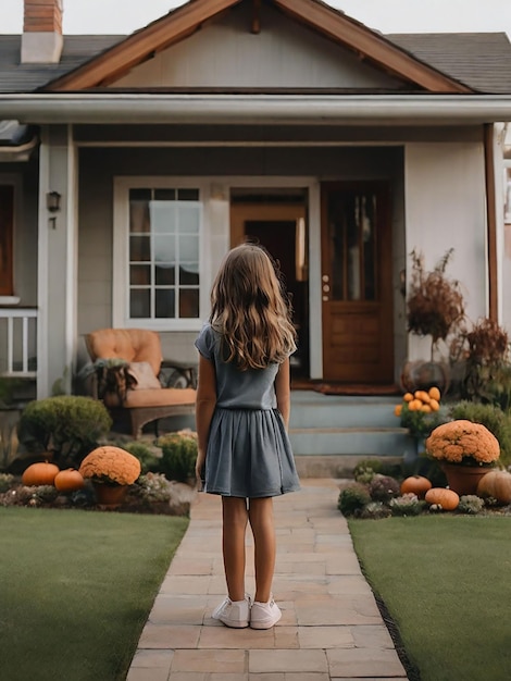 Una chica está de pie frente a la casa.