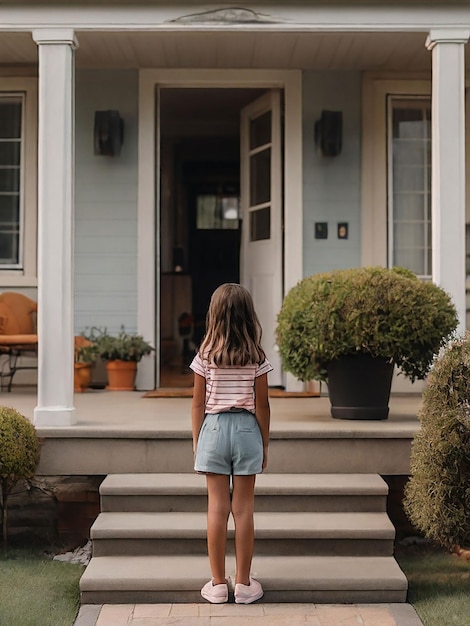 Una chica está de pie frente a la casa.