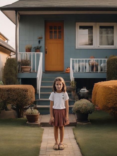 Una chica está de pie frente a la casa.