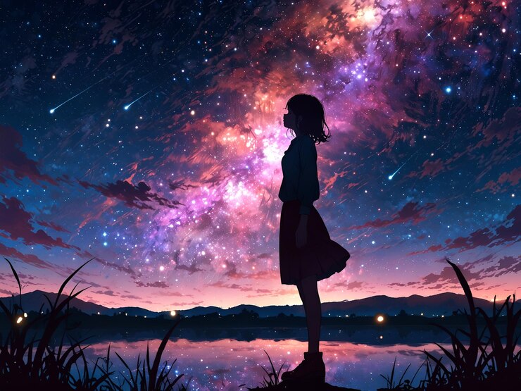 una chica está de pie frente a un lago y mirando hacia arriba en un vasto en el cielo nocturno estrellado