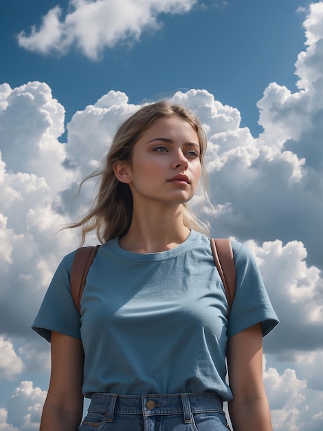 Una chica está de pie con nubes a su alrededor