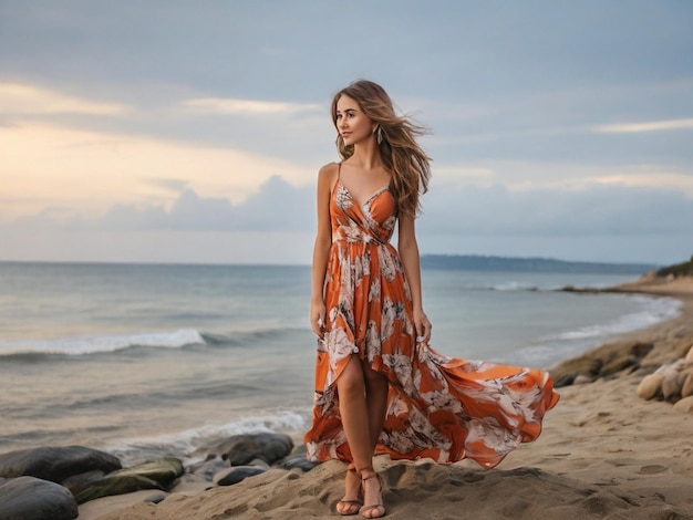 Una chica está de pie en la orilla de la playa con un vestido moderno