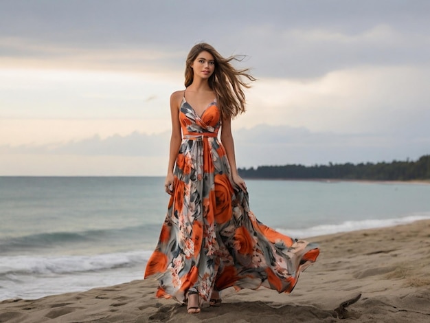 Una chica está de pie en la orilla de la playa con un vestido moderno